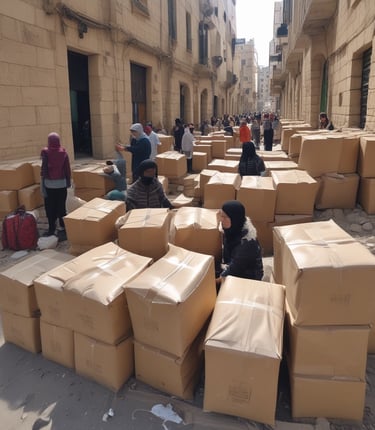 A person wearing a hat is leaning against large cardboard boxes labeled 'Amazon Disaster Relief' with humanitarian goods. The individual appears to be using a mobile phone. The boxes are strapped and suggest they are ready for transport or distribution. The setting appears to be outdoors with some greenery in the background.