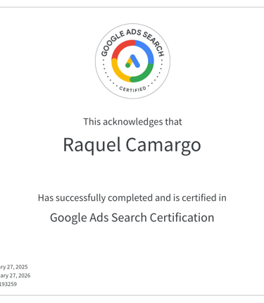 White picture with Google ads  bardge - aknowledges that raquel camargo is certified