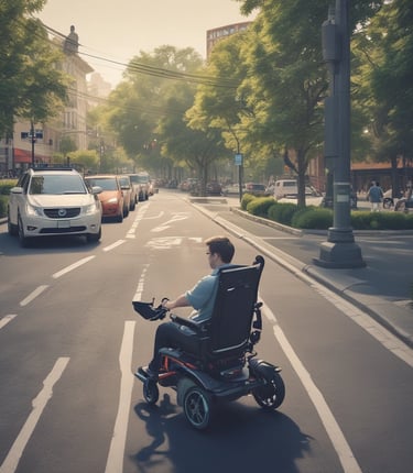 A lone wheelchair is positioned against a white wall with an attached camera, in an open parking area. Sunlight casts sharp shadows, and in the background, a clear view of an airport runway is visible along with parked cars.