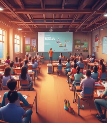A classroom setting with several rows of empty orange and black chairs arranged in front of a wall-mounted projector. The room has a tiled ceiling with fluorescent lights and a wall air conditioning unit. A clock is visible on the wall, and the atmosphere appears clean and organized.