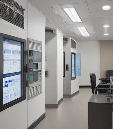 A modern office showcasing advanced IT and security technologies.