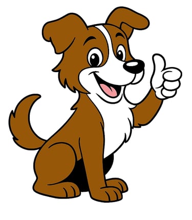 Scout the mascot, a brown and white dog giving a thumbs up and a smile