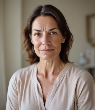 A close-up of a woman gently touching her glowing, healthy skin in natural light.
