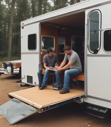 A skilled technician performing maintenance on an RV in a well-equipped workshop.