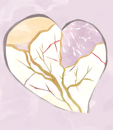 Watercolour kintsugi heart representing beauty, meaning & character created through pain & heartache