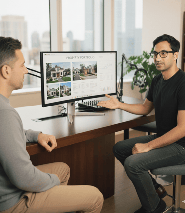 A man explains a property portfolio on a monitor to another man, both in a modern office.