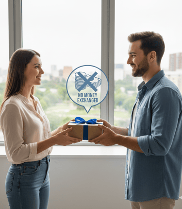 A smiling man gives a gift box to a smiling woman, with a "NO MONEY EXCHANGED" icon.