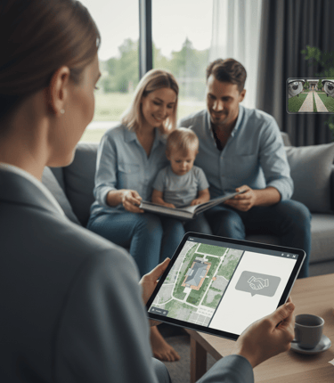 Agent shows property data on a tablet to a happy family on a sofa, implying ongoing support.