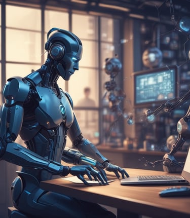 A small, white humanoid robot with blue accents, including eyes, mouth, and a circular badge with the letters 'AI' on its chest, is positioned in front of a blue laptop on a metallic surface. The robot has a simple, smooth design with two cylindrical arms and a small antenna on top.