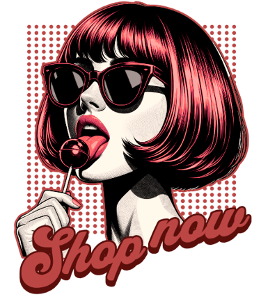 a woman with red hair and sunglasses on her lips