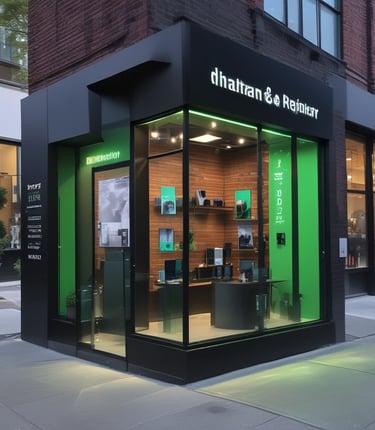 A storefront with large glass windows and multiple signs displaying 'revendo'. Inside, there are visible chairs, plants, and shelves. A poster on the window features the words 'Sell. Repair. Buy.' along with an image of a hand interacting with an electronic device.