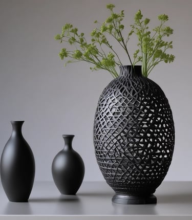 A minimalist workspace with handcrafted decorative pieces arranged elegantly in neutral tones.