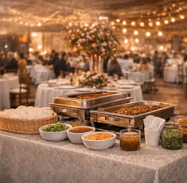 Buffet de barbacoa y carnitas con tortillas y salsas en evento nocturno elegante en Querétaro.