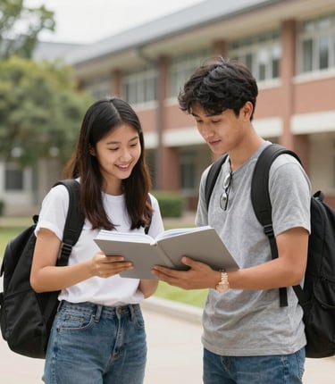 A friendly counselor reviewing a student's essay in a cozy, sunlit office filled with college pennants.