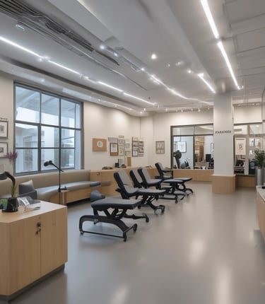 A bright and airy physiotherapy clinic with contemporary furniture and warm wooden accents.