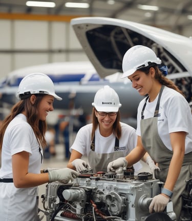 3 women wearing hardhats working on a jet engine inside an airplane hangar