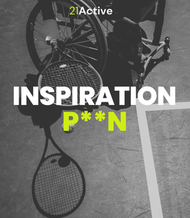 image of sa wheelchair tennis player from above. Text on top of the image says 'Inspiration p**n.'