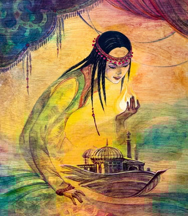 a woman in a green dress holding a candle over the boat painting by olga tenyakova