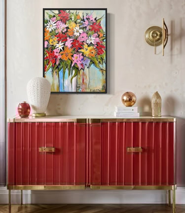 Painting of florals by Vera Walton in a living room space