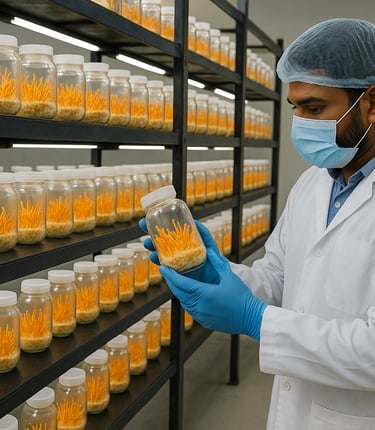 Inspecting a jar of bright orange Cordyceps mushrooms.