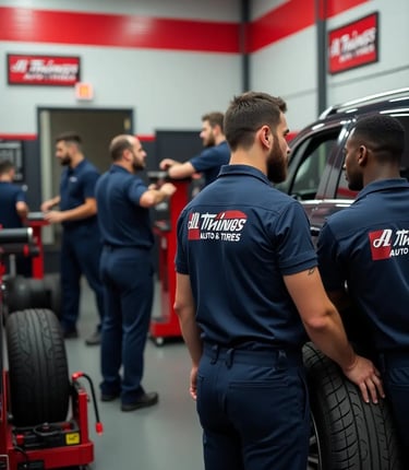 Professional mechanics at Auto & Tires working on vehicles and tires in a modern auto repair shop