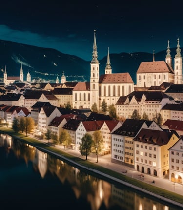 a cityscape of a city with a river and a church