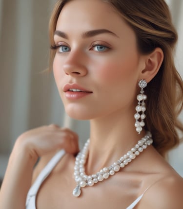 Close-up of artisan hands delicately assembling a pearl and silver necklace in a cozy workshop.