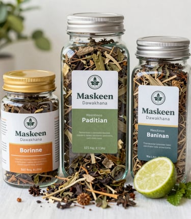 A cozy herbal shop interior with wooden shelves filled with jars of herbs and natural remedies.