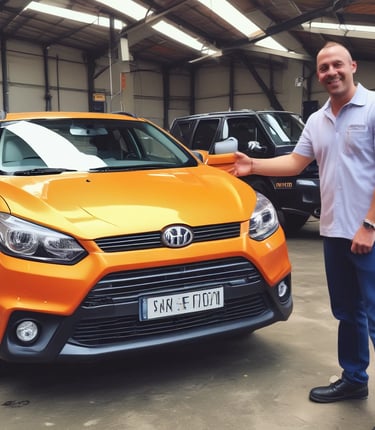 A skilled mechanic inspecting a car engine with digital diagnostic tools in a clean, modern workshop.