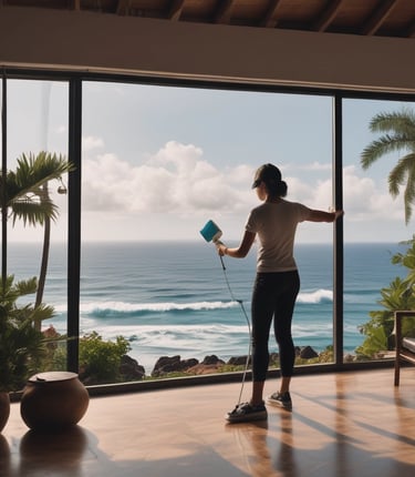 A bright, airy room sparkling clean with sunlight streaming through large windows, showcasing a fresh and inviting space.