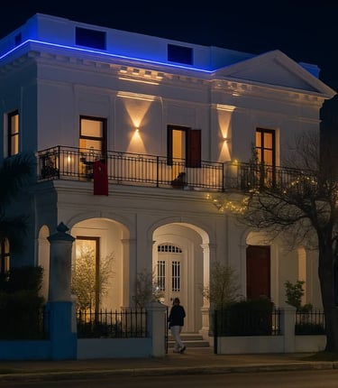 Elegant white historic building in vedado at night with warm lighting and blue LED roof accents.