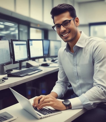 A team of diverse IT professionals collaborating over laptops in a modern office space.