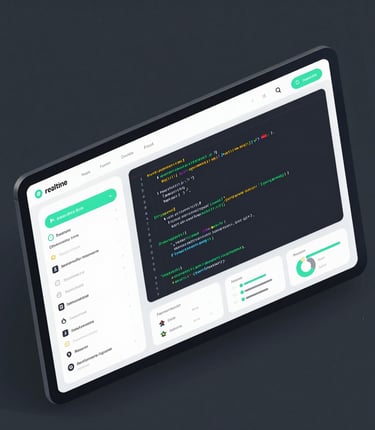 Isometric dark-mode interface mockup of a high-performance web dashboard, displaying real-time analytics and clean code blocks, sharp electric mint highlights, dark slate gray background, directional studio lighting.