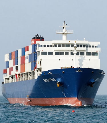 A large cargo ship sailing under a clear blue sky, loaded with colorful shipping containers.