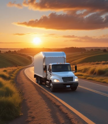 A Logistride delivery truck moving along a countryside road at sunrise, illustrating timely and efficient logistics.