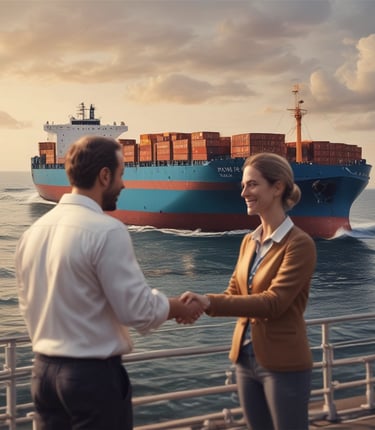 A professional ship broker showing a client detailed ship listings on a tablet.