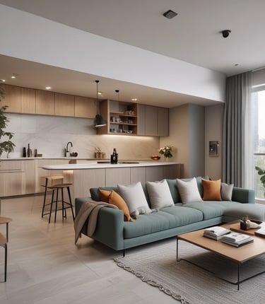 A bright, modern studio apartment with large windows letting in natural light and sleek furnishings.