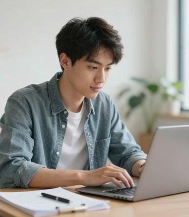A small business owner happily working on a laptop surrounded by marketing materials.