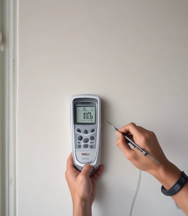 Technician inspecting a damp wall in a Madrid home with specialized equipment.