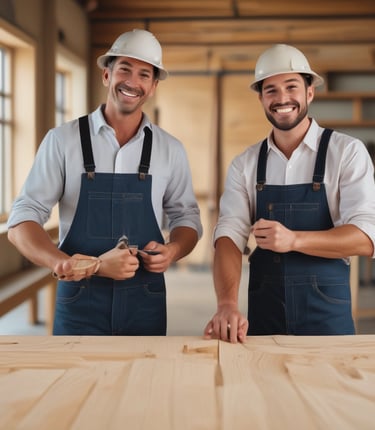 A skilled carpenter measuring and working on a wooden project in a bright, minimalistic workshop.
