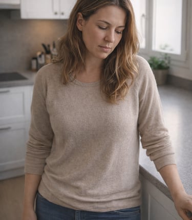 femme soucieuse dans sa cuisine