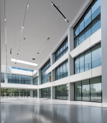 Minimalist office building exterior in silver and navy tones reflecting professionalism.