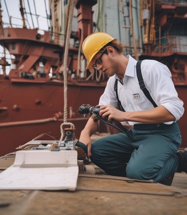 Professional technicians performing underwater ship inspection at a busy port.