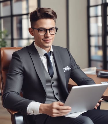 A friendly professional working on a laptop in a cozy, modern home office.