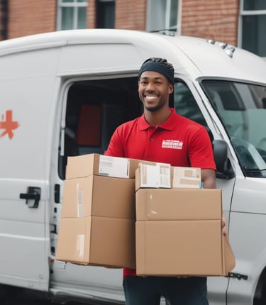 A professional delivery driver handing a medical device to a hospital staff member outside a healthcare facility.