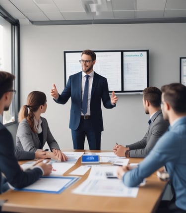 A vibrant team collaborating in a modern office space with digital screens showcasing business solutions.