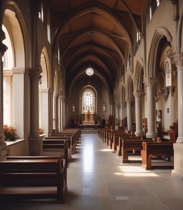 A serene Carmelite nun praying softly in a sunlit chapel adorned with icons of Our Lady of Victory and St. John the Baptist.