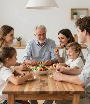 A warm scene of a mother and child sharing a colorful healthy snack at the kitchen table.