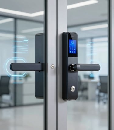 Close-up of a sleek electromagnetic lock installed on a modern glass door in a corporate office.