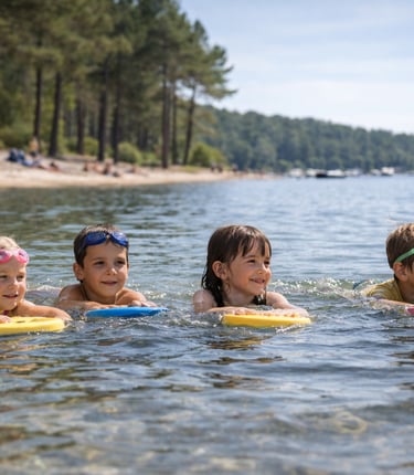 enfants apprenant à nager au lac d’Hourtin avec Piqueyrot Natation